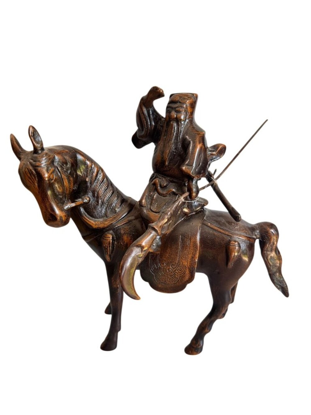Antique Chinese Guan Yu Kwan Kung Cast Iron Bronze Finish Statue on Horse 10" - Picture 2 of 16